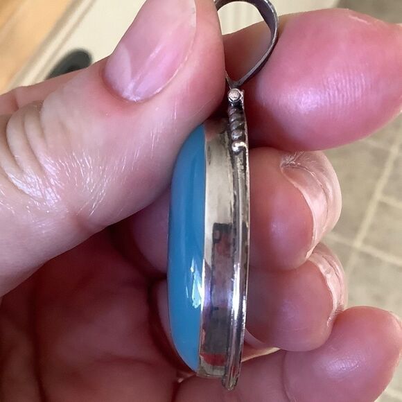 Sterling SILVER 925 BLUE CHALCEDON LARGE OVAL PENDANT​​ - Picture 5 of 9